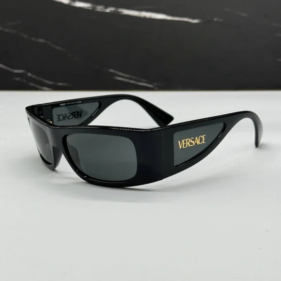Like New Versace Sunglasses Black Gold Medusa Logos Black Shield Lens NEW $410 VERSACE Black Plastic GOLD MEDUSA LOGO MEDALLIONS  main image 2
